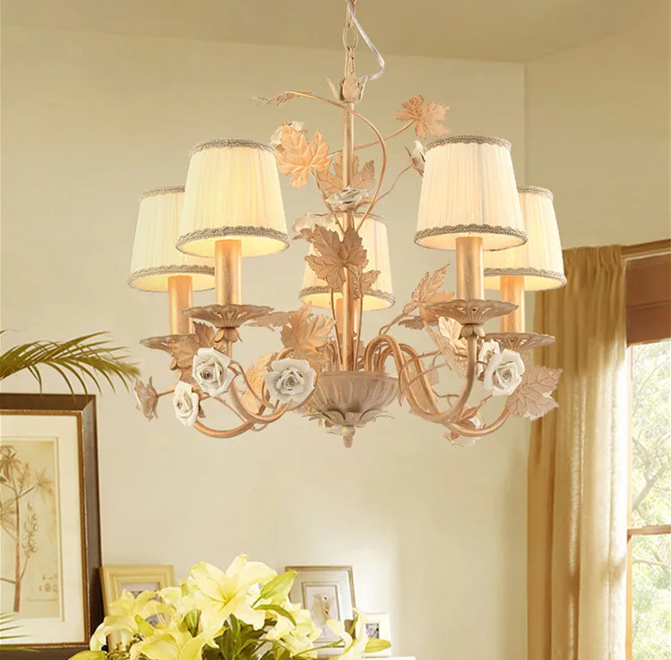 

American style antique white rose chandelier living room restaurant French luxury LED flower pendant lamp free shipping