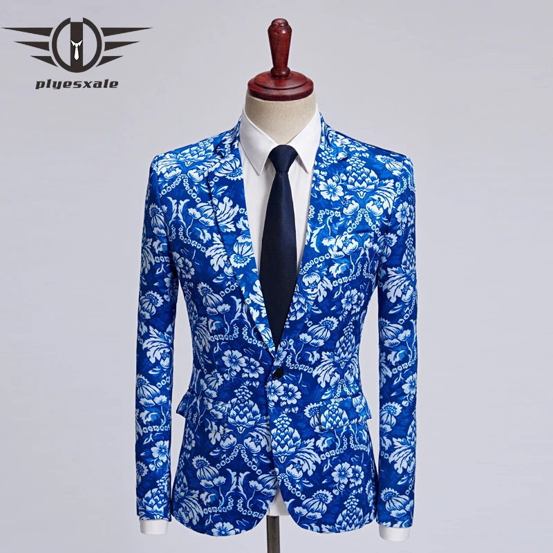 

Plyesxale Blue Floral Print Blazer Men Slim Fit Casual Blazers 5XL Elegant Mens Prom Wedding Blazer Brand Stage Costume Q463