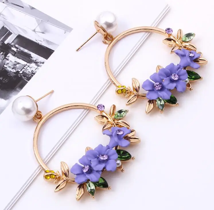 purple Элегантный смолы серьги-кольца цветок Bijoux Sweety Красочные лепесток сплава уха круг Большой Серьги Подвески Brinco - Окраска металла: purple
