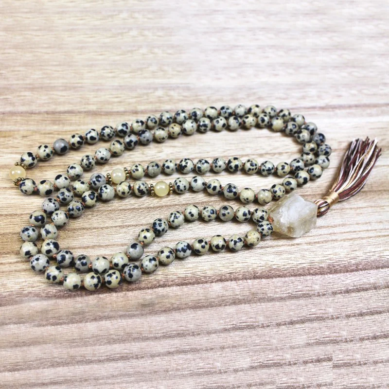 Spiritual Rough Stone Pendant Boho Jewelry Dalmatian J-asper 108 Mala Beads Collar Knotted Tassel Necklace Raw C-itrine Q-uartz | Украшения