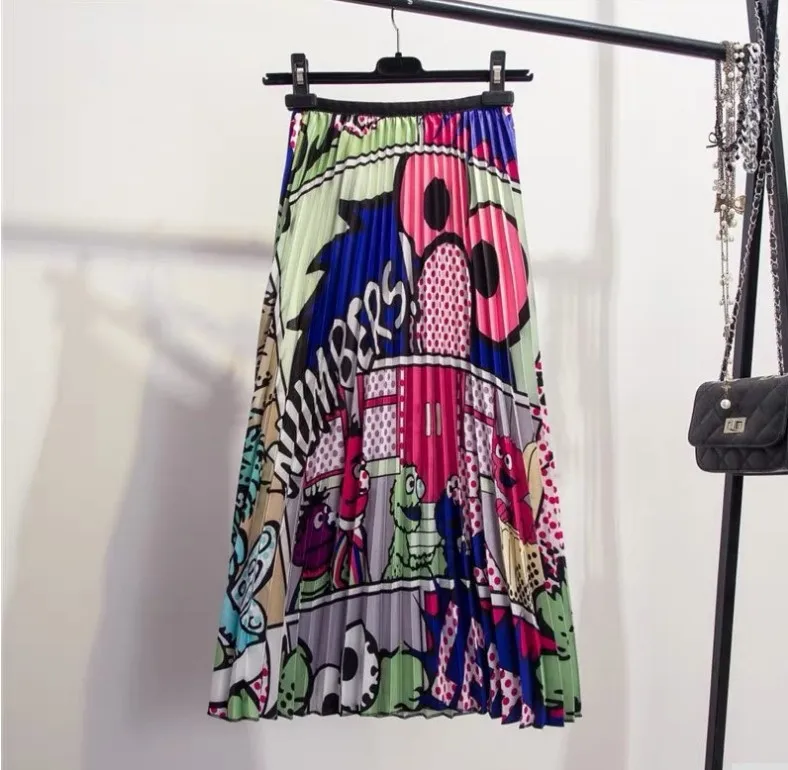 New summer 2019 cartoon pattern high-stretch pleated high-street style dress | Женская одежда