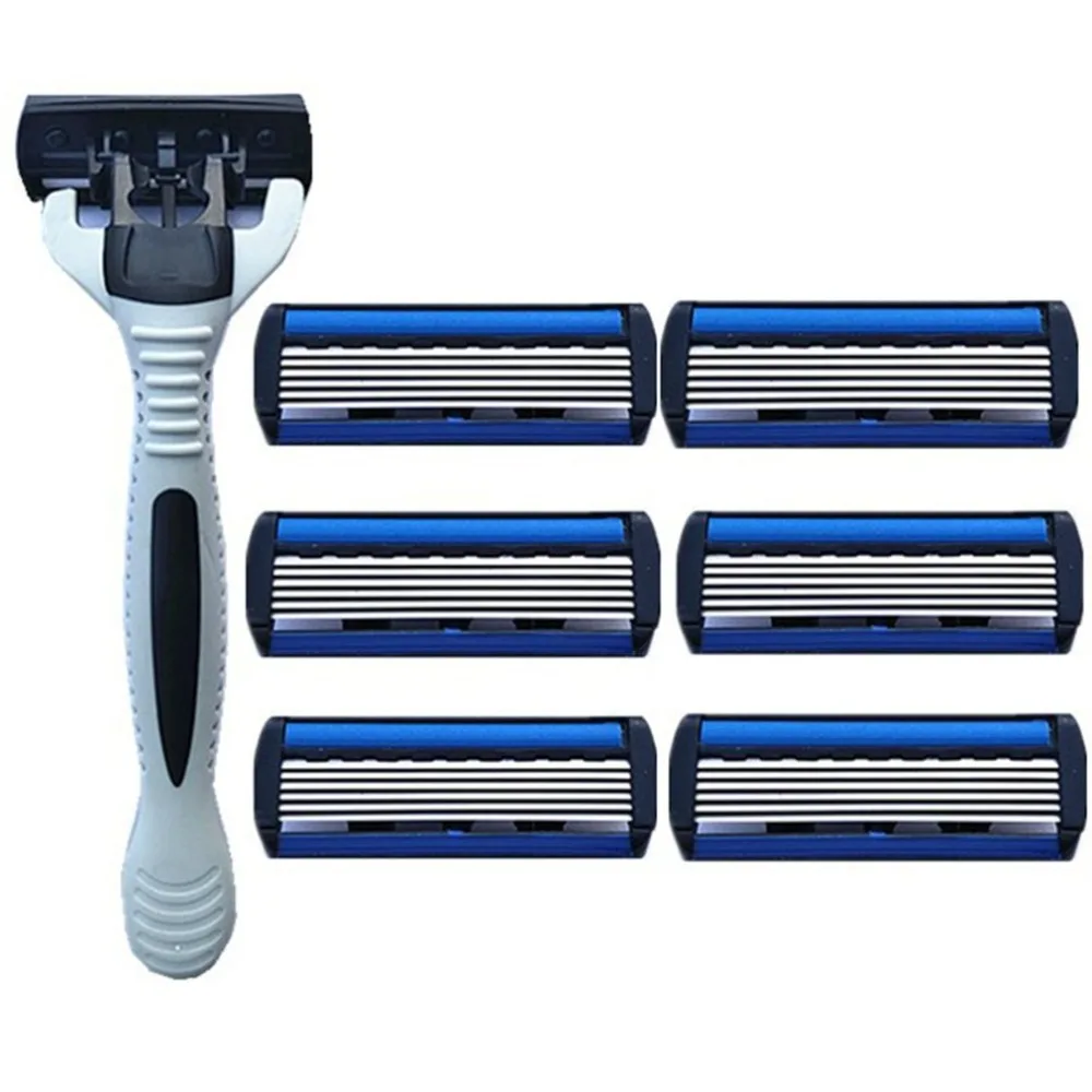 6 Layers Razor Include 1 Holder + 7 Blades Replacement Shaver Head Cassette Shaving Set Blue Face Knife For Man | Красота и здоровье