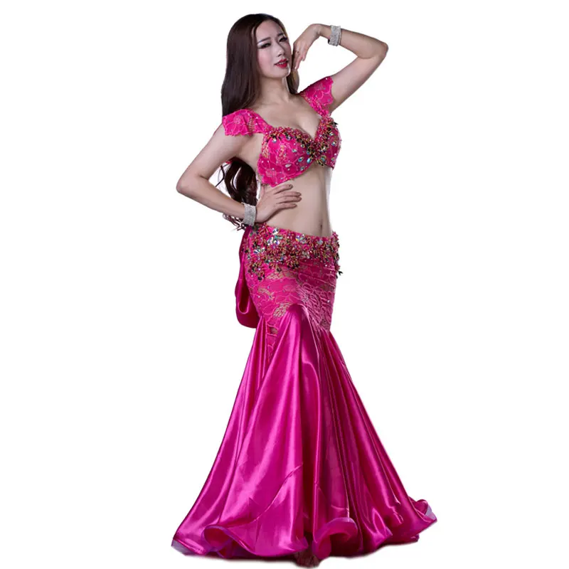 

Bellydance Rhinestone Lace High Quality Performance Wear Costume Belly Dance 2pcs set for Women/female Dancers Bra Skirt QC2799