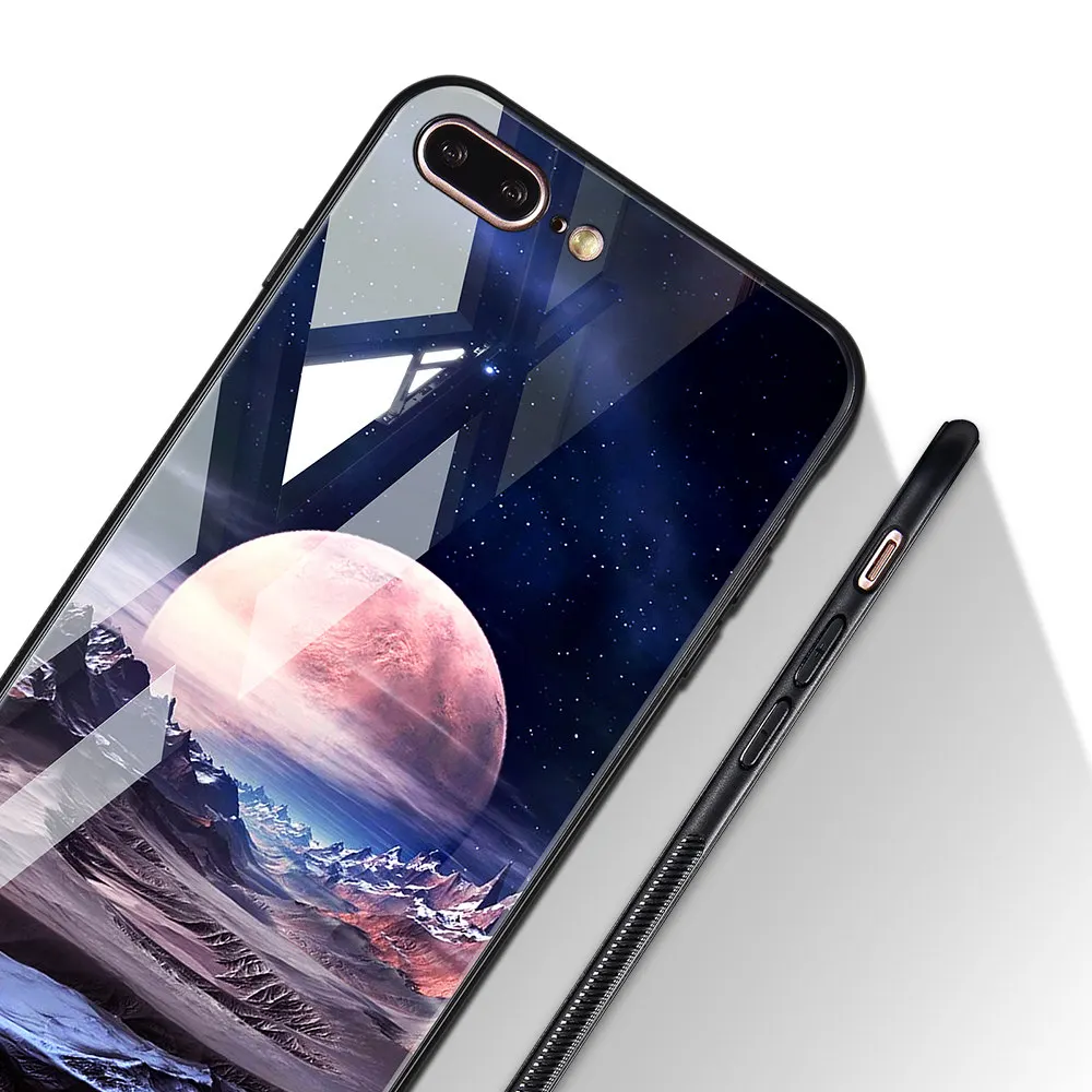 TOMKAS Space Star Case For iPhone X 10 PC+Tempered Glass Patterned 7 6 S 6s 8 Plus Cases Silicone Edge Cover |