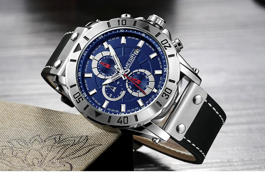 Megir мужские часы лучший бренд класса люкс Reloj Hombre Ретро военный хронограф наручные часы Relogio Masculino часы 2081 черный
