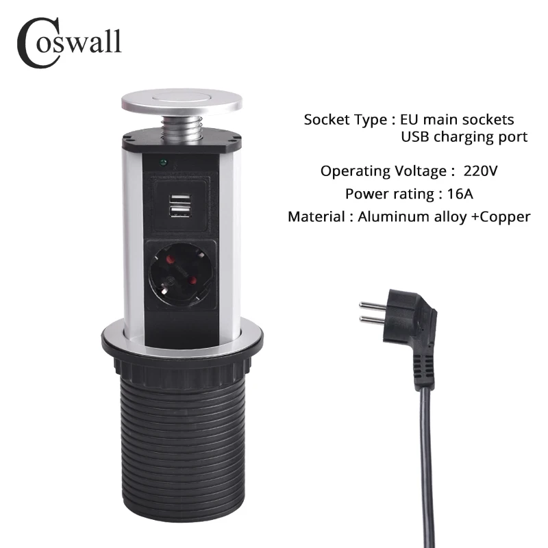 COSWALL 16A PULL POP UP 1/2 розетка питания 2 usb порт для зарядки кухонные настольные розетки Выдвижная столешница EU вилка