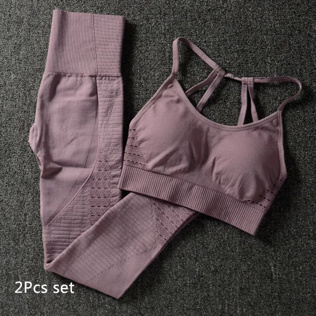 Purple 2Pcs set 2 шт./компл. Бесшовные Йога Комплект Для женщин Фитнес бюстгальтер спортивная женская, для спортивного зала, леггинсы, штаны на подкладке пуш-ап спортивный бюстгальтер, спортивные костюмы - Цвет: Purple 2Pcs set