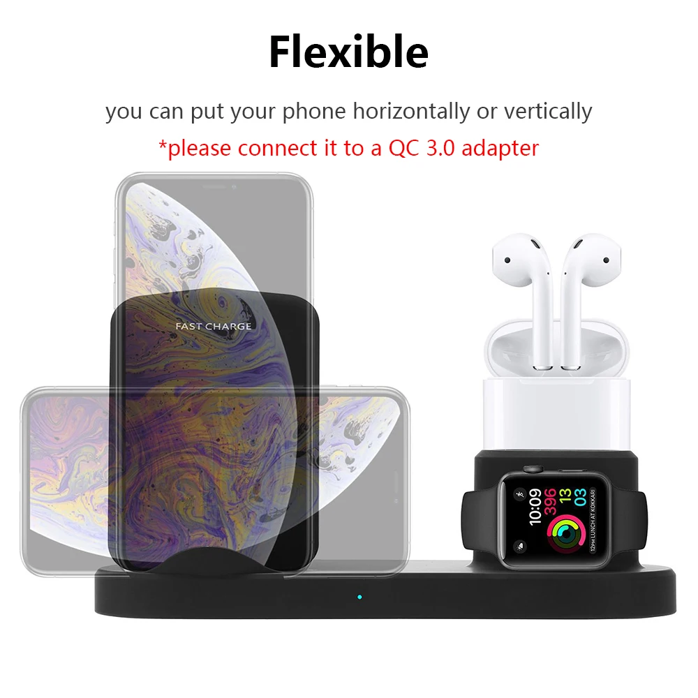 Беспроводной зарядный блок 4 в 1 для iPhone XS Max XR X 8 Plus Qi быстрая беспроводная