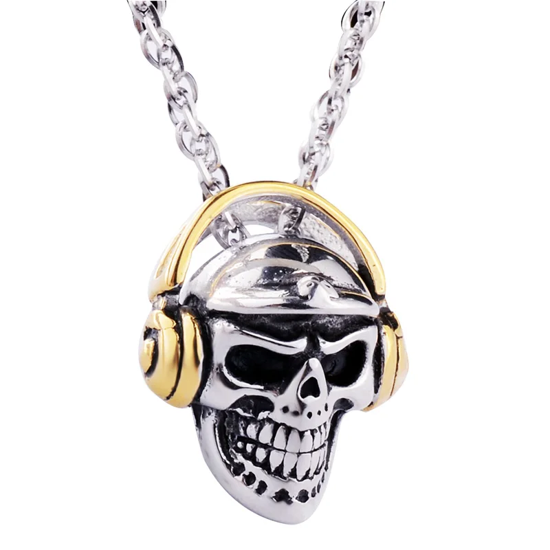Valily Jewelry мужские Цепочки и ожерелья череп голова с bluetooth гарнитура кулон Цепочки и ожерелья Нержавеющая сталь модные золотые Earephones кулон - Окраска металла: gold and silver