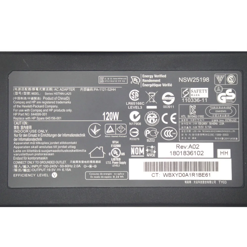 19,5 В 6.15A 120 Вт ноутбука Зарядное устройство для hp EliteBook 8460 Вт 8560 Вт 8530 Вт 644699-001 645156-001 HSTNN-LA25 PA-1121-52HH адаптер переменного тока