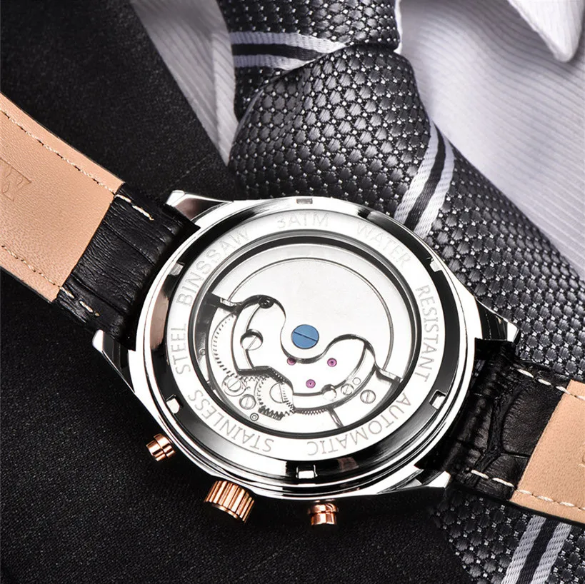 BINSSAW Мужские автоматические механические часы Tourbillon кожа Бизнес Мода Топ