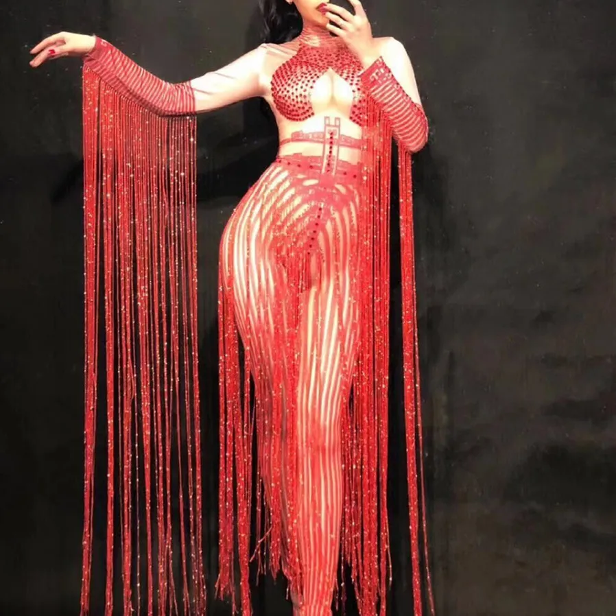 

Female Festival Nightclub Atmosphere Stage Bodysuit Red False Perspective Fringe Sexy Jumpsuit Dancer Performance Clothing