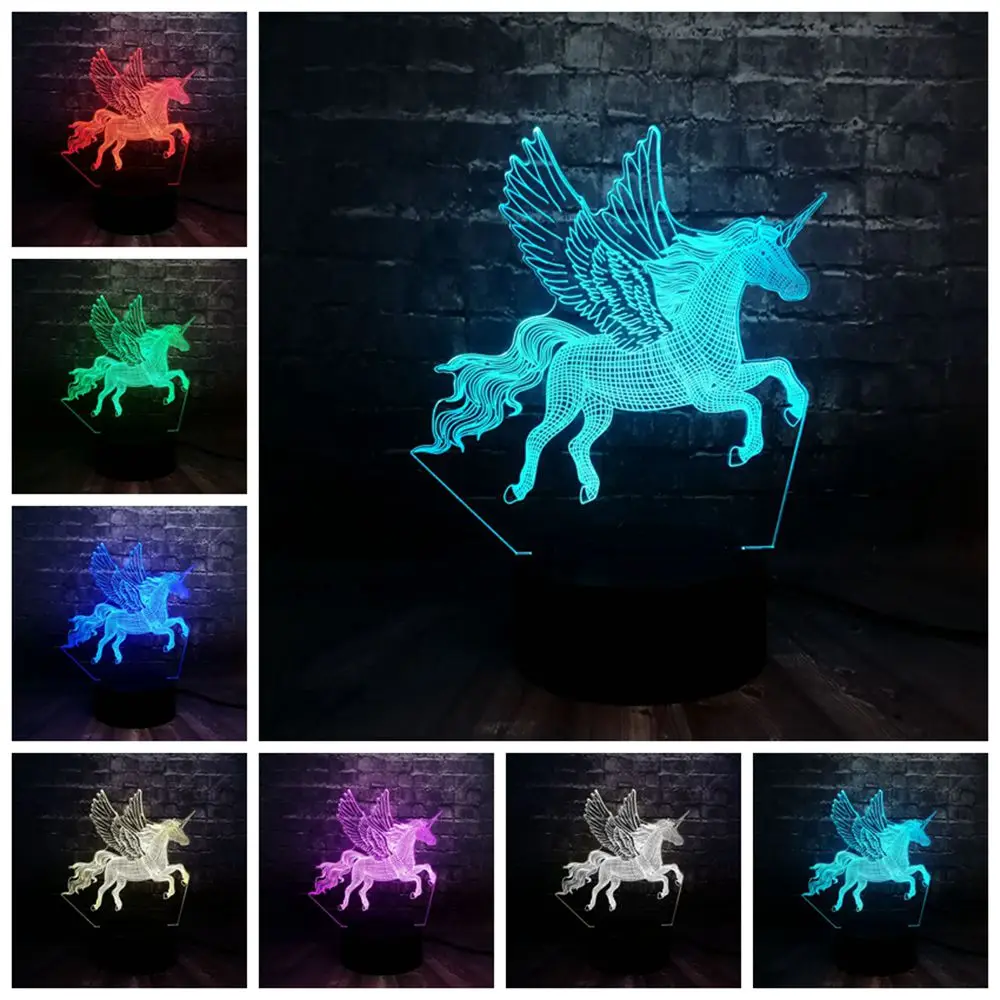 Новый 3D Лава летающие крылья единорог лошадь LED Детская спальня стол 7 цветов USB