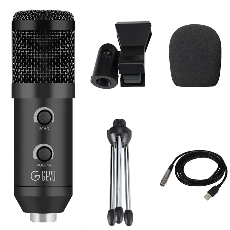 Black With Tripod GEVO BM 900 USB микрофон конденсаторный студийный с подставкой штатив и поп-фильтр микрофон для компьютера караоке ПК обновлен от BM 800 - Цвет: Black With Tripod