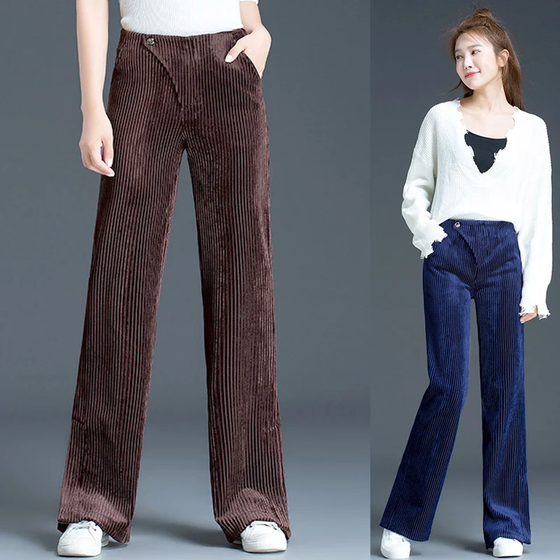 Fashion Fall Winter Women Ladies Corduroy Wide Leg High Waisted Red Navy Trousers , Spring Female Woman Loose Straight  Pants