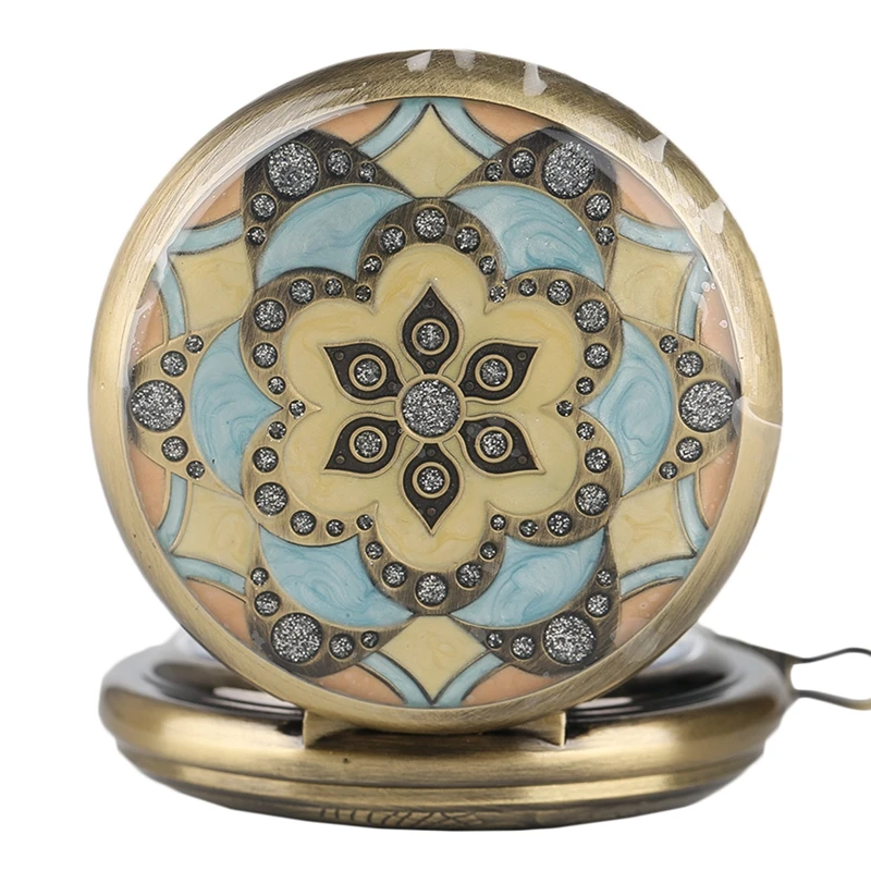 

Exquisite Flowers Round Pocket Watch Steampunk Bronze Skeleton Roman Numbers Mechanical Wind Up Fob Hour Men Women Gift + Bag