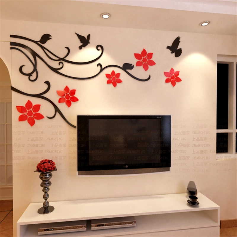 

Red Fly Flower rhythm Crystal Acrylic 3D wall stickers living room bedroom TV sofa backdrop Home Decor Sticker Decal adesivos