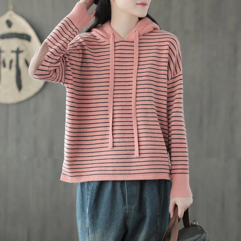 Autumn Sweater Women Fashion Loose Casual Tops New Mori girl Hooded Long-sleeved Striped High Quality Blended Female | Женская одежда