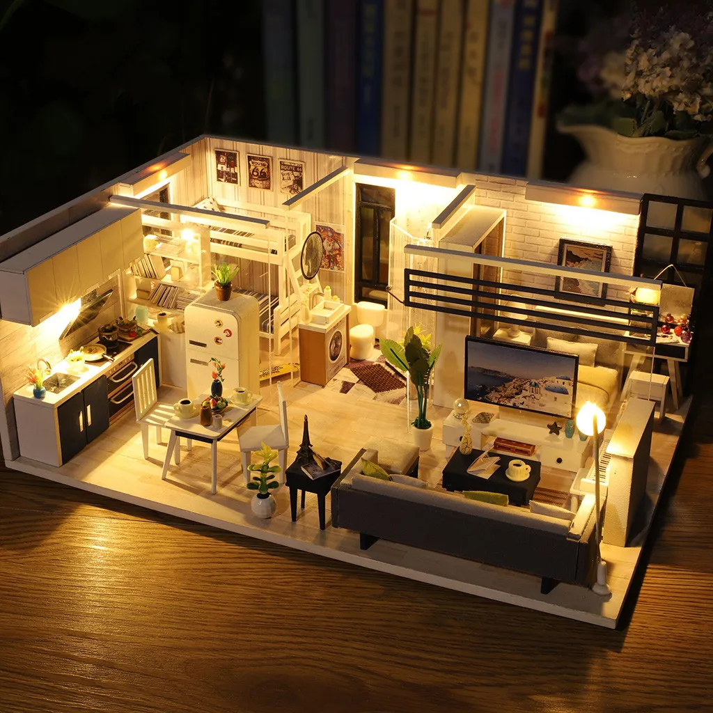 3D кукольный домик Деревянный DIY миниатюрный дом мебель LED пазл украшение