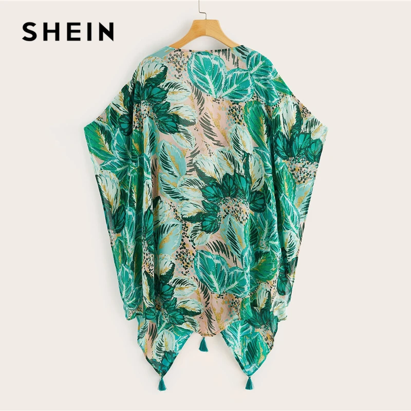 SHEIN Асимметричное Кимоно С Бахромой И Графическим Принтом Многоцветное Кимоно С Рукавами Летучая Мышь