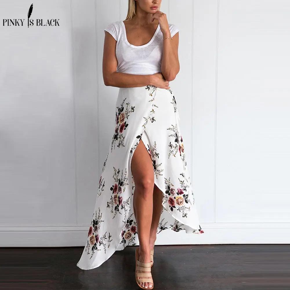 

PinkyIsBlack Vintage floral print long skirts women Summer elegant beach maxi skirt Boho high waist asymmetrical casual skirt