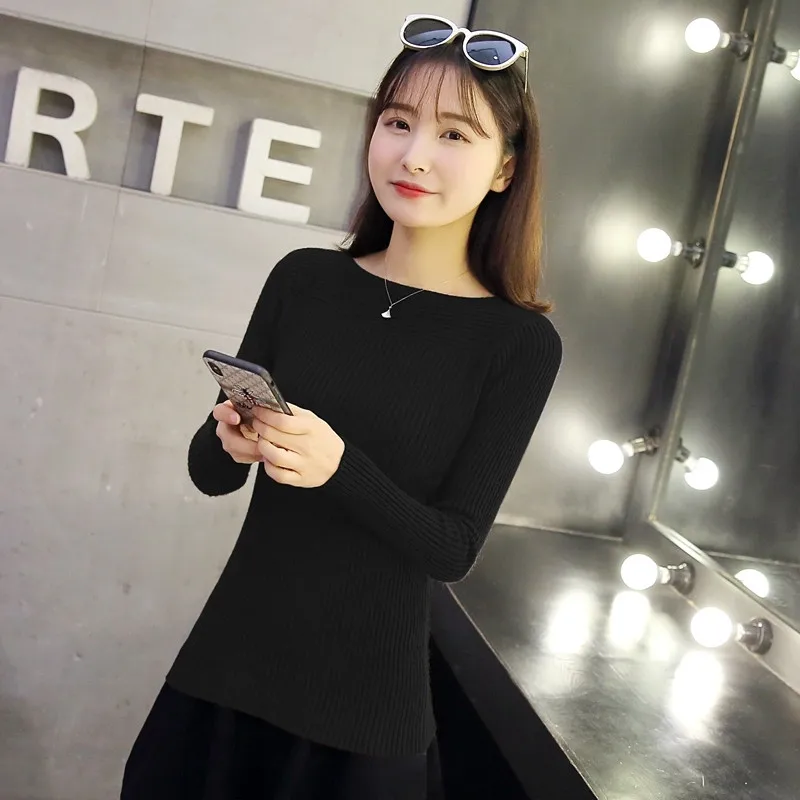 Autumn Winter Knitted Sweater Women Long Sleeve Pullover Tops 2019 Korean Style Casual Solid Slash Neck Slim Basic Jumper | Женская