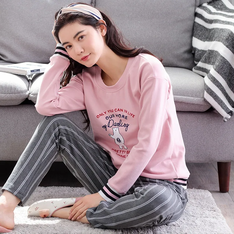 Демисезонный для женщин домашняя одежда пижамы из двух частей 100% otton Pijama плюс