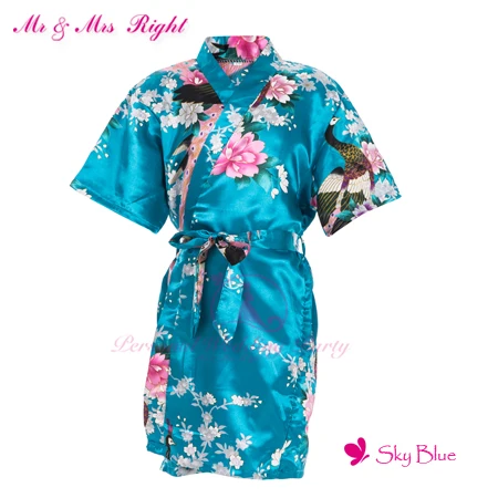 Lake Blue Модная одежда для девочек с цветочным рисунком; атласное кимоно; халат с павлином для маленькой невесты; детская одежда для сна; летние юбки - Цвет: Lake Blue