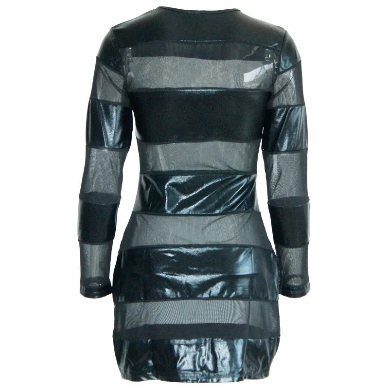 Женское облегающее платье из искусственной кожи черное Сетчатое W850511 | Женская