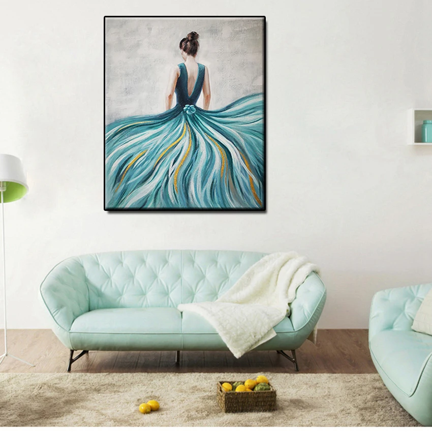 

Modern Beautiful Hand-painted Abstract Girl Wearing blue dress Oil Painting On Canvas Living Room Wall Decor Pictures No Framed