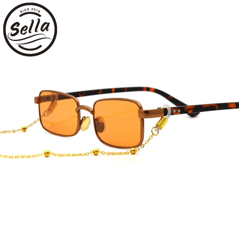 orange with chain Sella Ins хит Ретро Модные женские мужские Квадратные Солнцезащитные очки Harajuku винтажные желтые оранжевые Красные линзы оправа из сплава очки - Цвет линз: orange with chain