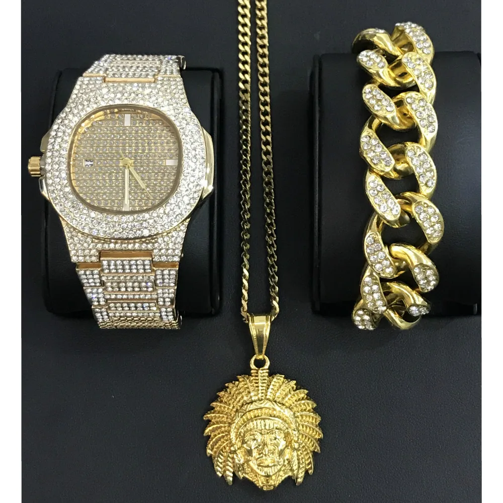 Роскошные мужские часы и браслет ожерелье комбо набор кулон ледяные кубинские