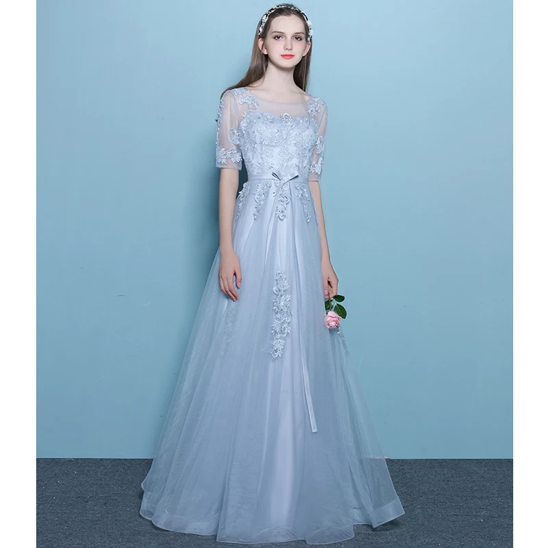 2017 Элегантные Линии Половина Рукава Вечернее Платье Scoop Тюль Аппликация Кружева