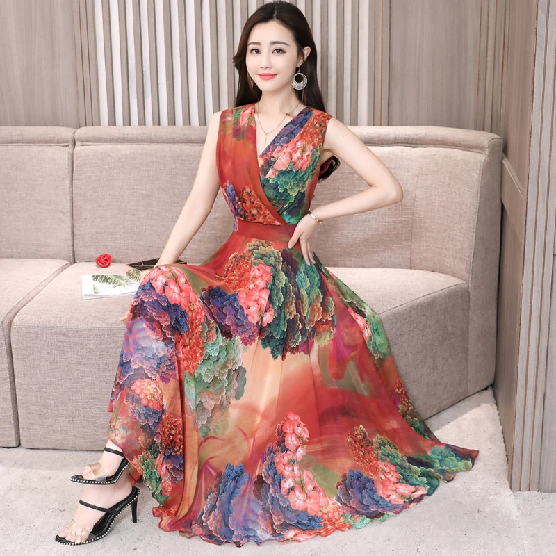 Модный принт платье без рукавов Для женщин Летние шифоновые платья 2019 новый плюс