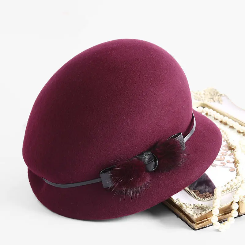 wine red Beckyruiwu подарок матери леди осень и зима модные шерстяные Клош шляпы женские вечерние головные уборы высшего класса шерсть фетровая шляпа - Цвет: wine red