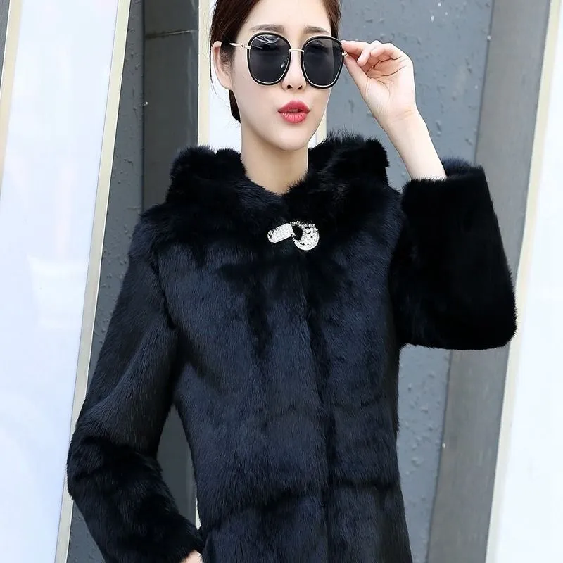 

2019 autumn and winter new rabbit fur coat long-sleeved women's coat long-sleeved hood