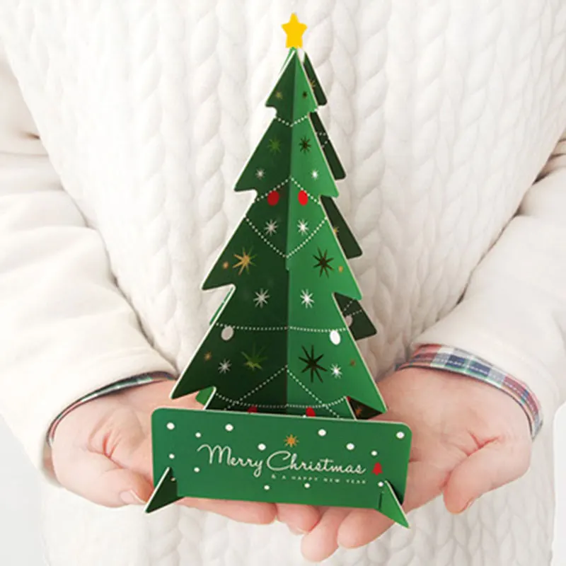 2 pcs/lot Christmas tree 3d stereoscopic folding blessing card Merry Greeting Card wedding Gift Message Cards | Дом и сад