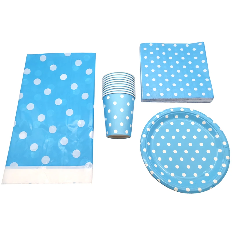 61 шт./лот скатерть на день рождения Светло Голубые Вечерние тарелки в горошек