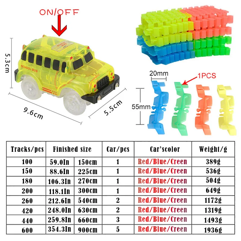 

Magical Glow Racing Track Set Track Car Flexible Glowing Tracks Toy 100/150/180/600 Flexible Track Race Toys For Children Gifts