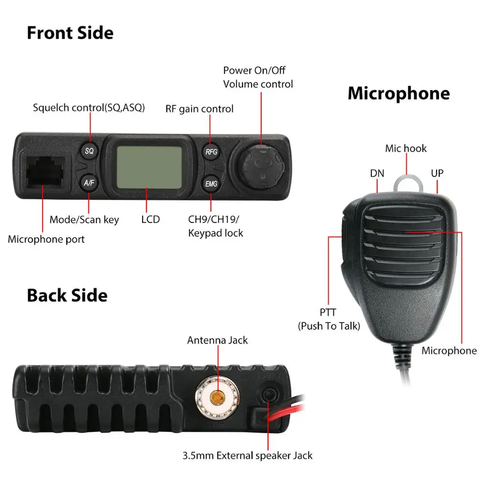 Radioddity CB-27 CB радио безлицензионных с микрофоном 40 канал AM PA Системы RF усиления мобильного мгновенный аварийный канал 9/19