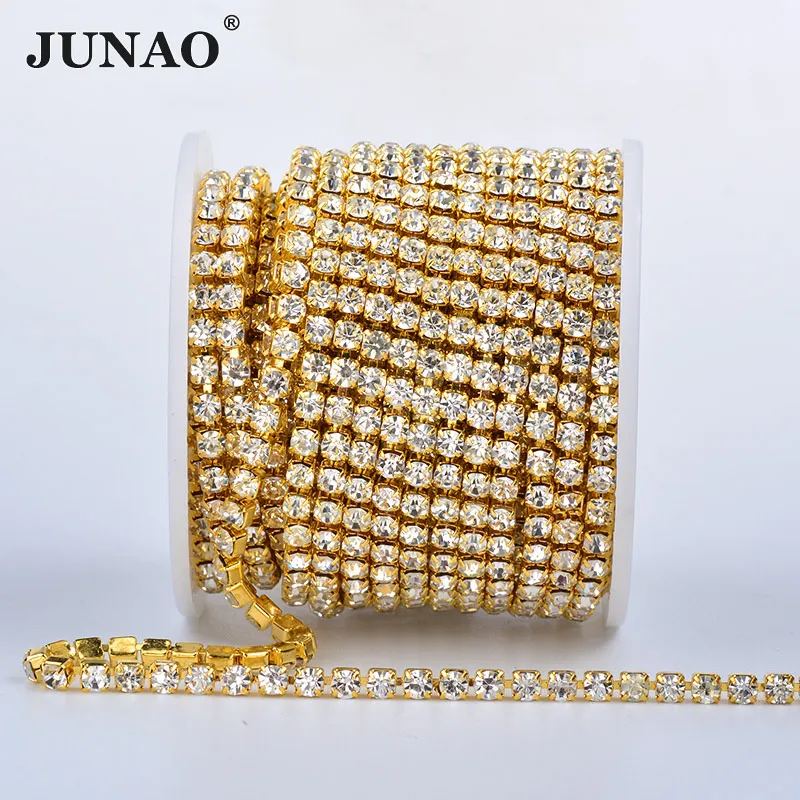 JUNAO SS6 SS12 SS16 SS18 Золотая основа AB Стразы цепочка для шитья стеклянная бахрома