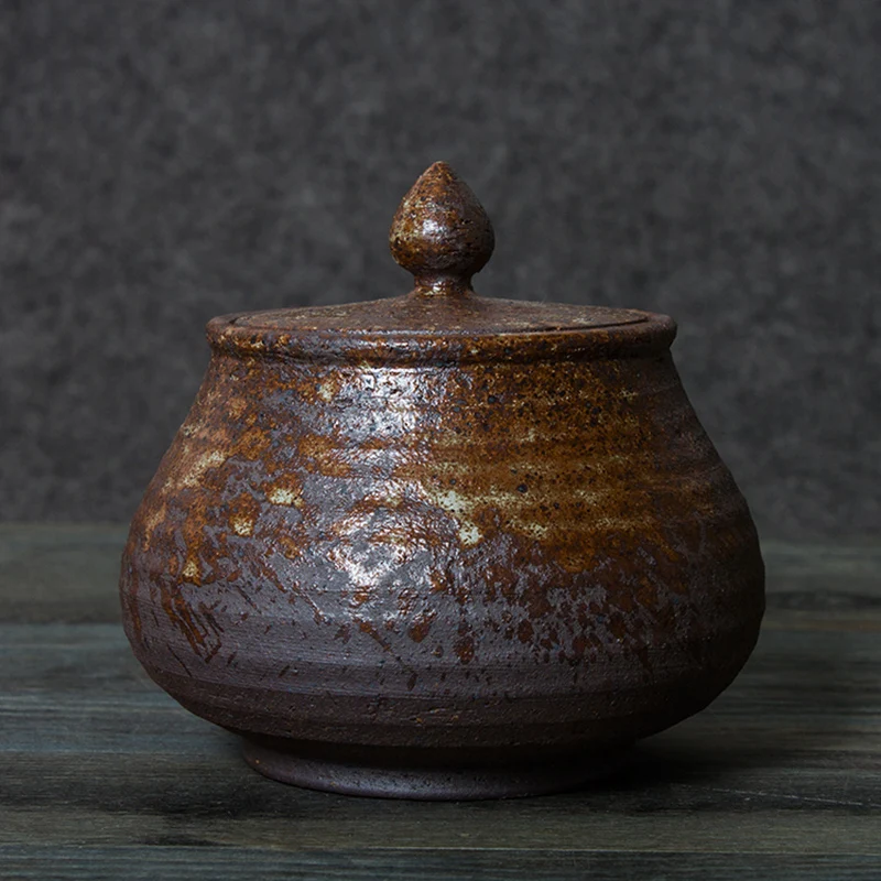 

Japanese Style Coarse Pottery Tea Set Handmade Ceramic Tea Caddy Vintage Tea Storage Box Spices Powder Sealed Jar Food Container