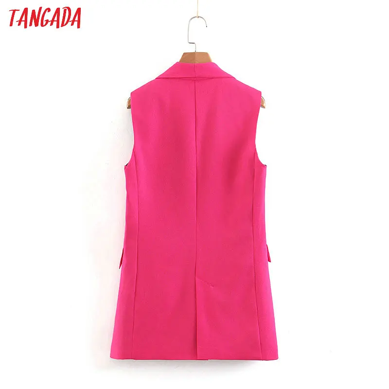Tangada woman pockets hotpink long vest coat office ladies waistcoat sleeveless blazer double breasted outwear elegant top SL409