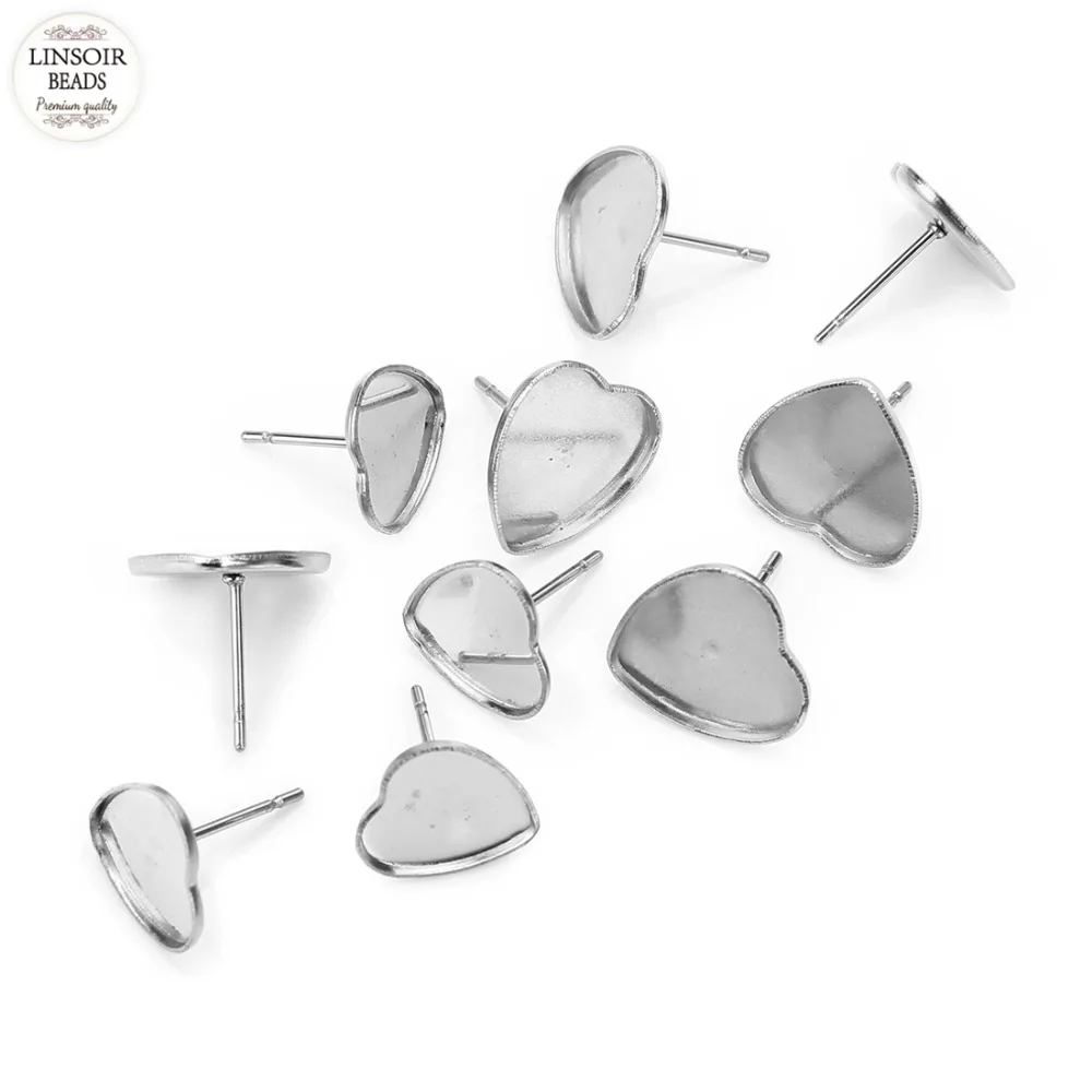 

Linsoir 50pcs/lot Inner 10mm 12mm Steel Color Heart Stainless Steel Iron Earring Studs Base Cabochons Tray Jewelry Making