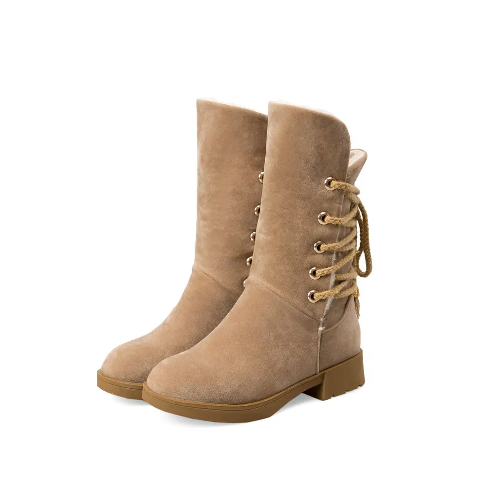 AIWEIYi Mid-calf Boots for Women Flock Round toe Square Heel Low Heels Martin Lace Up Warm Fur Snow | Обувь