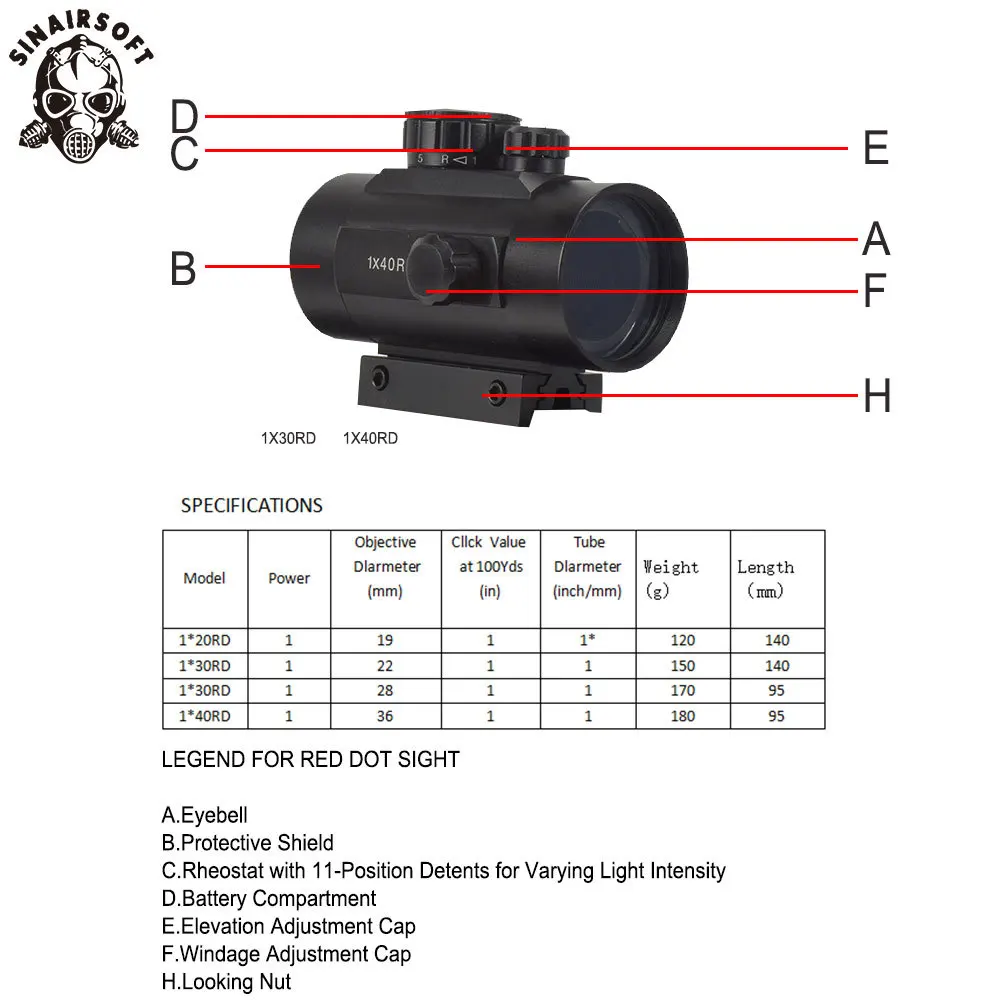 SINAIRSOFT 1x40 Red Dot Sight Airsoft Green прицел охотничий 11 мм 20 рельсовое крепление