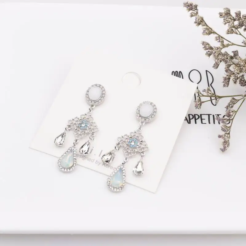 

MENGJIQIAO New Baroque Style Opal Stone Water Drop Crystal Tassel Earrings For Women Vintage Statement Flower Long Pendientes