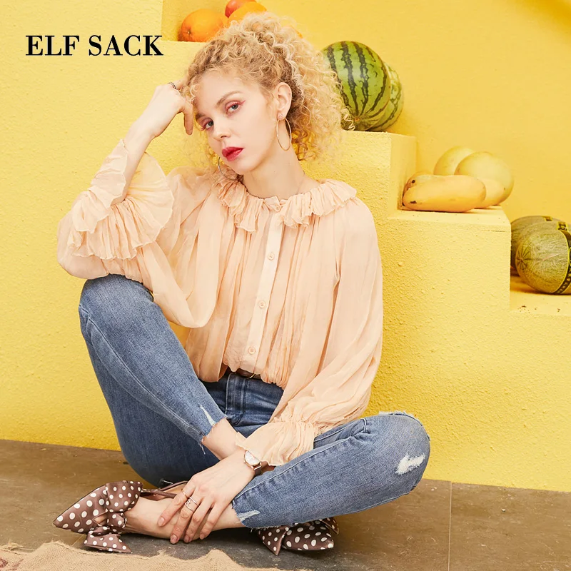 ELFSACK 2019 Spring New Chiffon Blouse Woman Casual Knitted O-Neck Women Shirts Lace Flare Sleeve Oversized Ladies | Женская одежда
