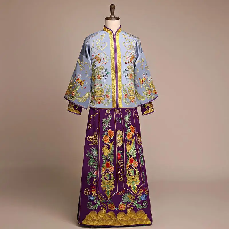 Высокое качество Мужская Свадебная одежда Тан 2 шт. топ и юбка Hanfu Китайская традиционная вышивка дракон Жених Свадебный костюм - Цвет: Blue Dragon Suit E