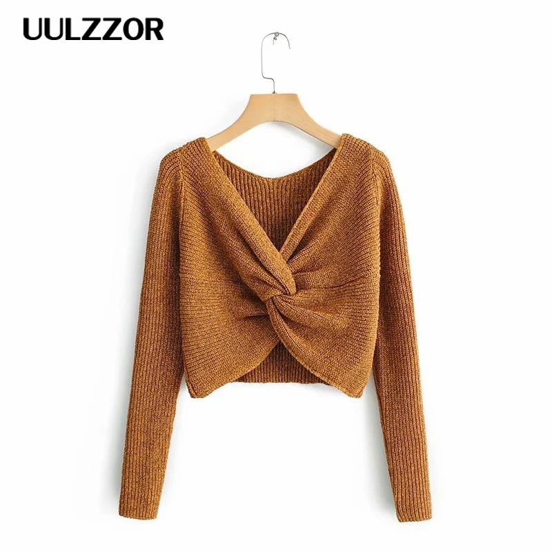 UULZZOR Sexy off shoulder cross knitted women sweater Long sleeve short pullovers party Autumn winter jumpers streetwear 2019 | Женская